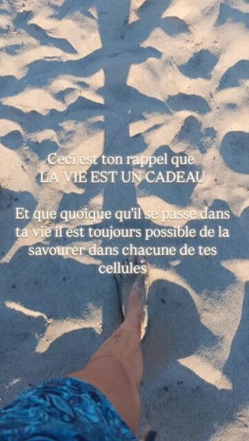 Après une journée à "travailler", je suis allée marcher sur la plage.
Et cette chanson est passée dans les écouteurs.
C'était mon rappel que la Vie est un cadeau. 
Inestimable.
Précieux. 
Et peu importe la montagne de de problèmes que l'on peut avoir, il est toujours possible de savourer le soleil sur sa peau, le sol sous ses pieds nus, la brise dans la nuque... 
Je me suis dit que je vous ferais profiter de ce rappel. 

Pile dans le thème de mon projet du moment. 

Enregistre pour que ce rappel réapparaisse plus tard, peut être à un moment où tu auras besoin. 

Et ma marche m'a emmené de la mer, au lac, puis à la pinède et je vous écris ces lignes entourée d'écureuils 🐿️ 
Je vous montre ça en story.